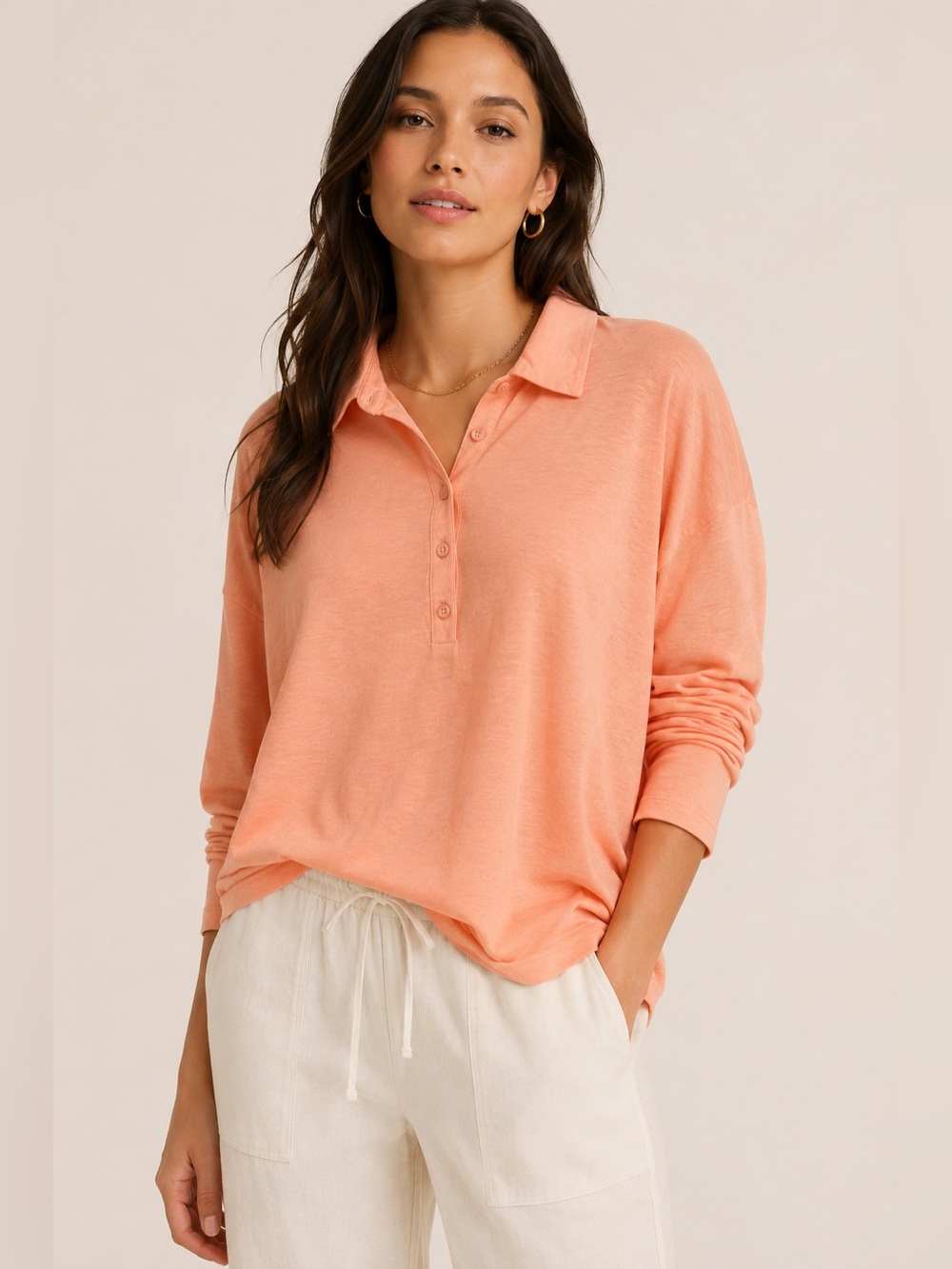 J.Crew Stretch Linen Polo Top XL Peach Coral Long Sleeve Relaxed Fit